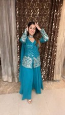 Ethnic Look Faux Georgette Sky Blue Top Palazzo And Dupatta For Women  Girls