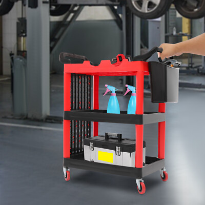 3-Tier Auto Detailing Cart Car Wash Tool Organizer Trolley with Hooks & Bucket