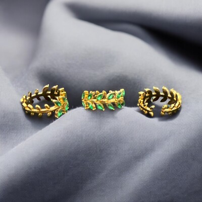 Gold adjustable ring ,Ring , 18k, Emerald Color Stones Double  Row In A Leaf Set