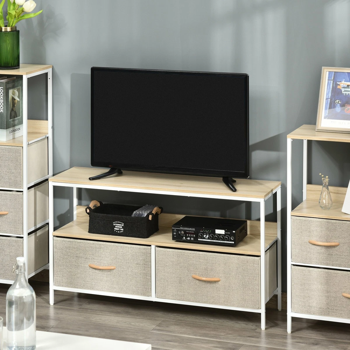 TV Cabinet, TV Console Unit W/ Foldable Linen Drawers, TV Stand Maple Colour