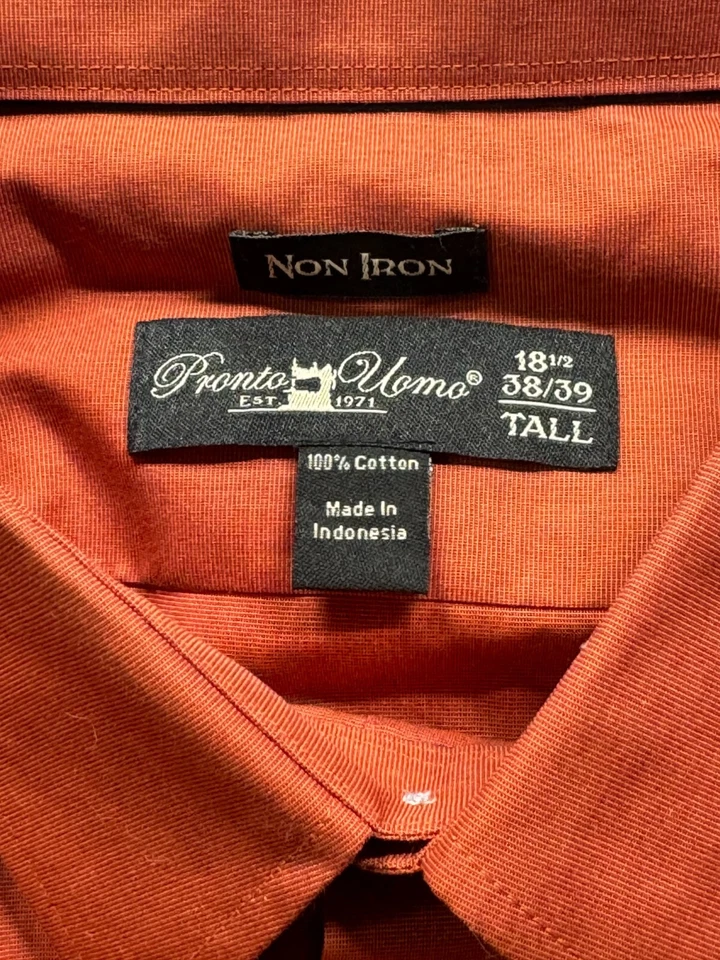 Pronto Uomo Mens Dress Shrit 38/39 Tall 18.5 Non-Iron Burnt Orange - Image 2 of 4