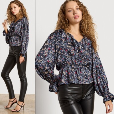 NWT SAM EDELMAN Lace Inserts Ruffle V-Neck VERMONT Paisley