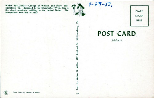 Wiliamsburg Virginia Postcard Lord Botetourt Monument Statue William & Mary EJ - Bild 2 von 2