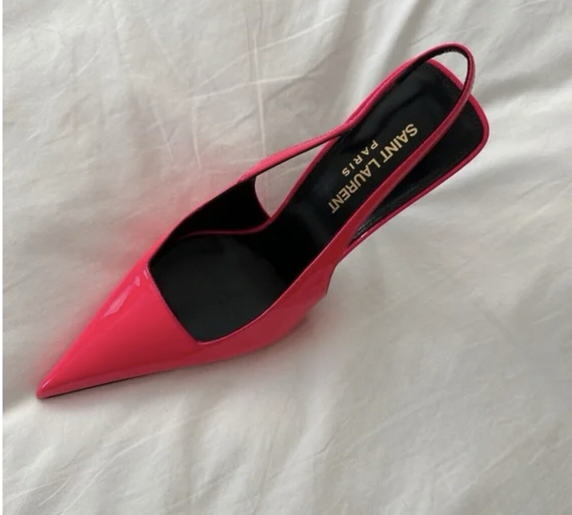 Decolte Saint Laurent Kiss 105 nuove con scatola in vernice slingback rosa taglia 38 5