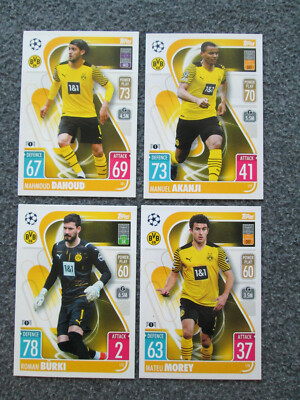 Four 2021-22 Topps Match Attax Borussia Dortmund Morey Burki Dahoud Akanji