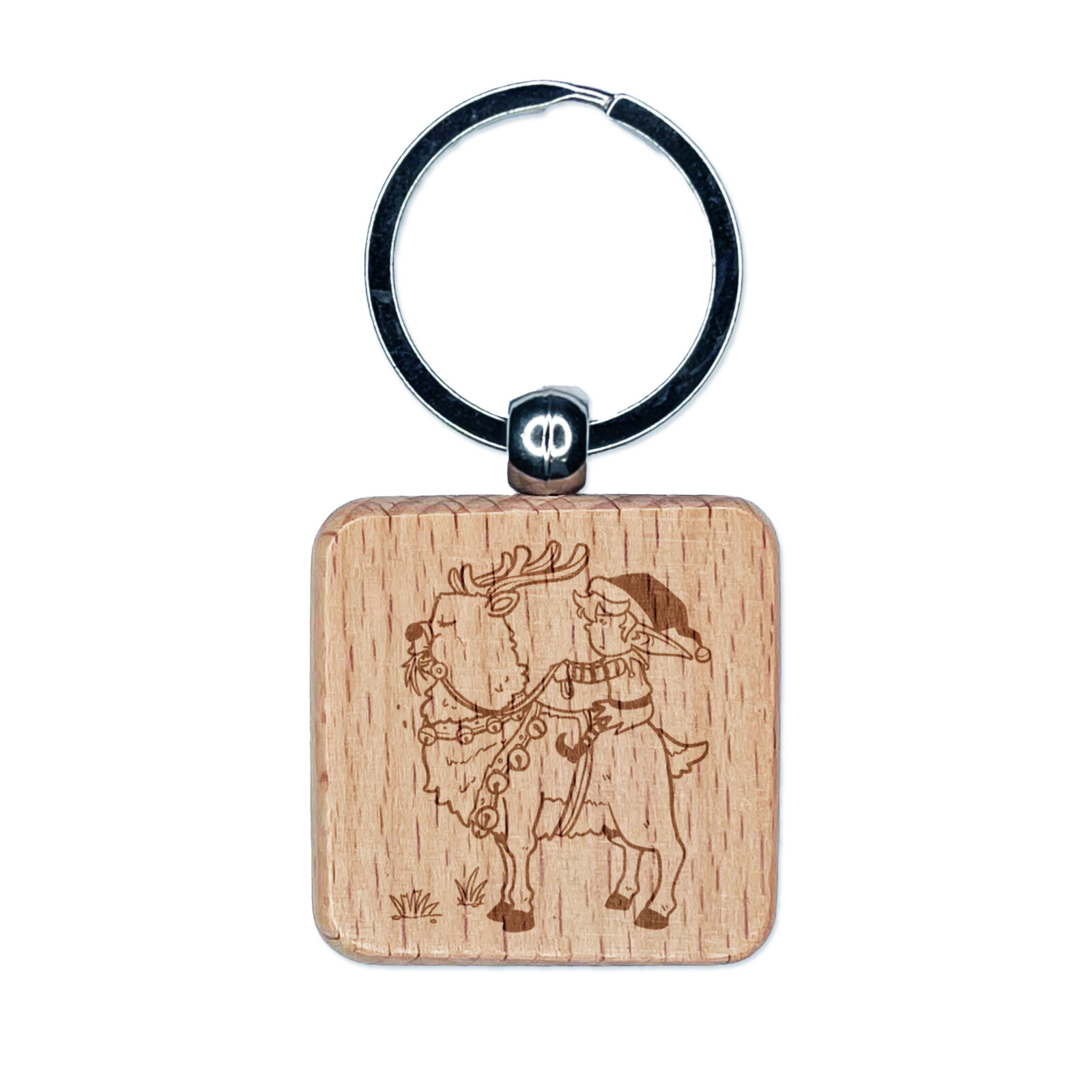 Christmas Elf Riding Hungry Reindeer Engraved Wood Square Keychain Tag Charm