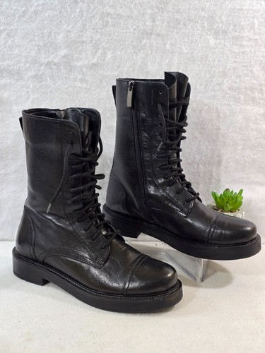 Steve Madden Womens Black Leather Upper Dawsyn Combat Boots Lace Up Side Zip 8M - Picture 3 of 12