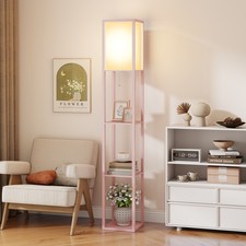 Pink  3-Tier Shelf Floor Lamp with Shade Wooden Storage Standard Reading Light