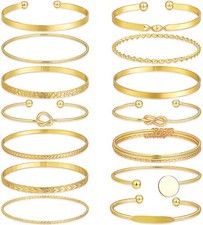 Gold Bangle Bracelets for Women, 14 Pcs Multi Layer Stackable Cuff Bracelet Set,