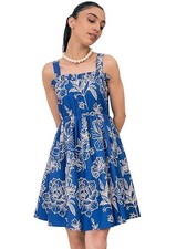 Women’s Fit & Flared Poplin Floral Ruffle Neck Smocked BLUE Casual Wear Dress