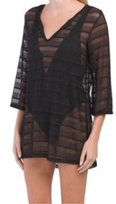 Jordan Taylor Women's V Neck Mesh Tunic Swim Cover Up Black Size S Made In USA