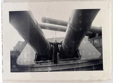 WWII Navy Sailor on Battleship Gun Turret Two Huge Gun Barrels Perspective Photo