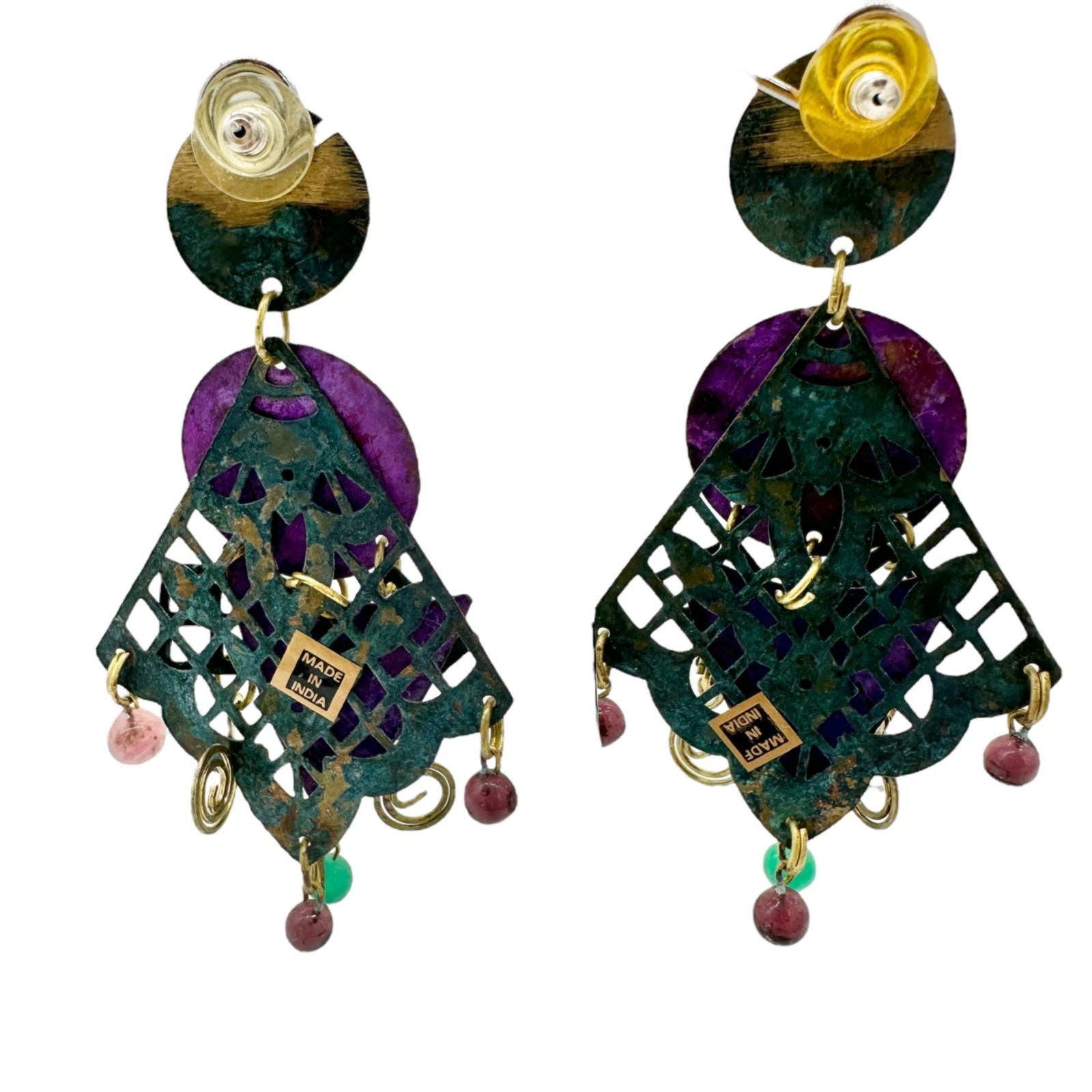 Statement Dangle Earrings Purple Green Geometric … - image 4