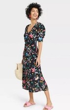 A New Day Women's Puff Short Sleeve Ruched, A- Line Dress - Black Floral - New