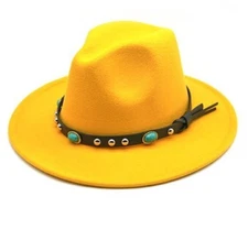 Yellow Wide Brim Fedora Hat Felt Panama Jazz Cap Unisex Men Women Turquoise Stra