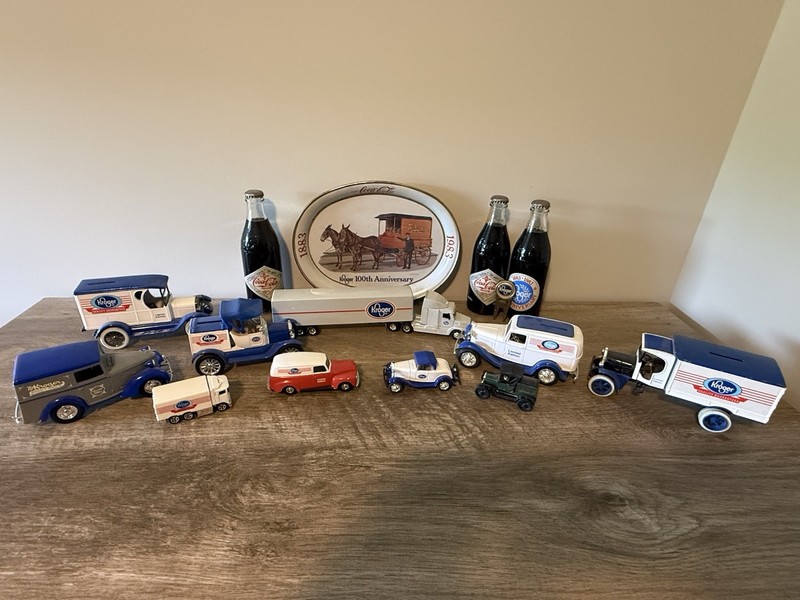 Vintage Kroger Grocery Marketplace Toy Trucks Banks Plate Bottles Lot