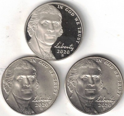 2020-S San Francisco Proof Jefferson Nickel with Philadelphia & Denver (3 Coins)