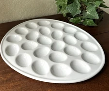 Big 24-slot Deviled Eggs Serving Platter Tray Solid White Stoneware Ellipse Oval
