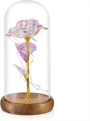 Galaxy Artificial Rose in Glass Dome - Premium Acacia Wood Base, Enchanted Etern