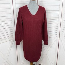 Nine West Sweater Dress Women Small Red Metallic Shimmer Knit Balloon Sleeve