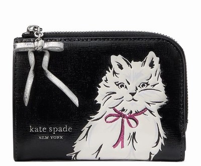 Kate Spade Whiskers Cat Bow small Zip Compact Leather wallet Black White Bow NWT