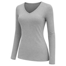 Womens V Neck Long Sleeve Plain T-Shirt Ladies Casual Basic Tee Top Slim Fit Top