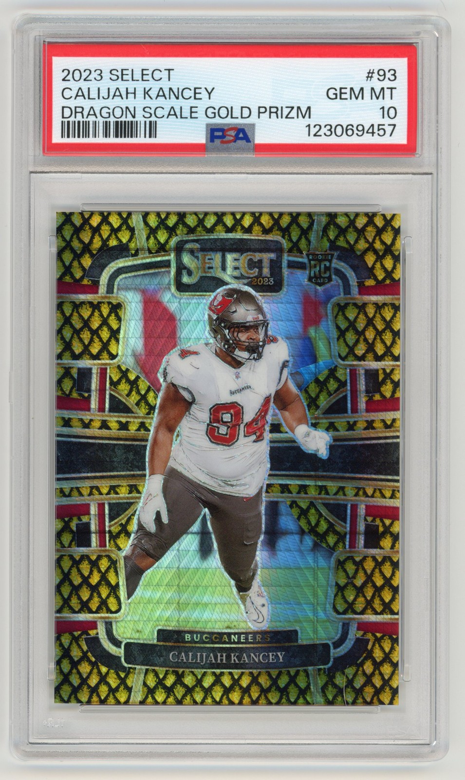 2023 PANINI SELECT CALIJAH KANCEY RC GOLD DRAGON SCALE PRIZM 10/10 PSA 10 #93