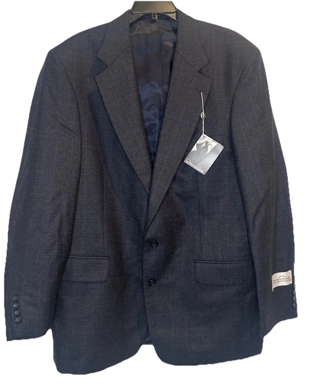 Oscar De La Renta Blue Black Plaid Tailored Wool Blazer Suit Jacket 44L 38W NEW