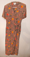 Vintage Adrianna Papell Floral Silk Satin Wrap Midi Dress V-Neck Short Sleeve 12