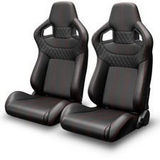Universal Racing Seats Pair Pvc Leather Reclinable Carbon Look Black Red Stitch