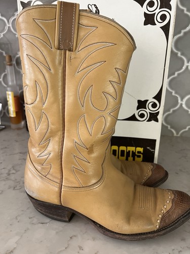 Vtg Nocona 2 Tone Tan Leather Cowboy Western LIZARD Tip boots Size 11.5 D READ - Picture 6 of 12