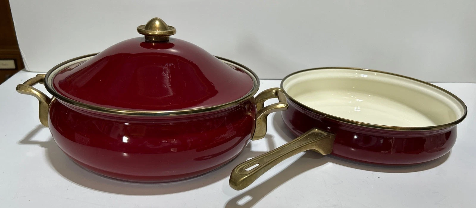 Red Enamel Vintage 4 QuartCasserole Dish And 2 Quart Sauté Pan
