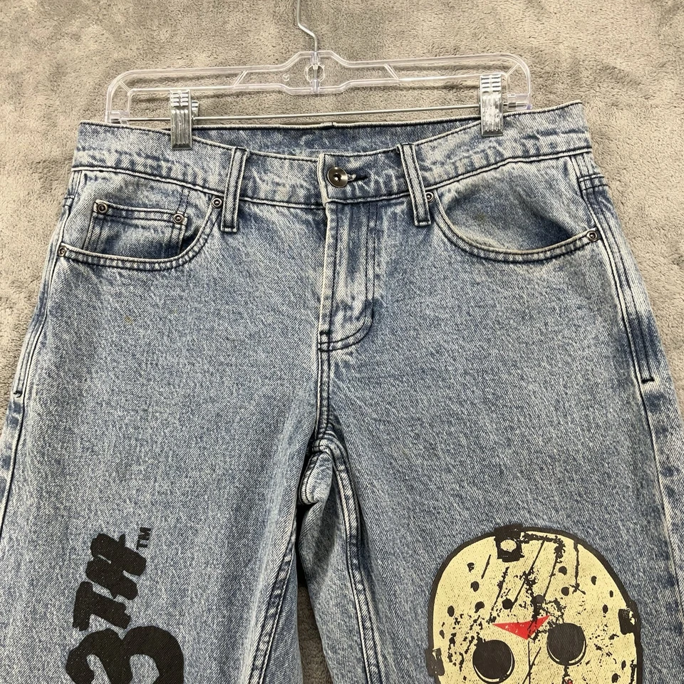 Pantalones de mezclilla Hot Topic Friday The 13th para hombre 30x32 azul pierna ancha máscara Jason Voorhees Foto 3 de 4