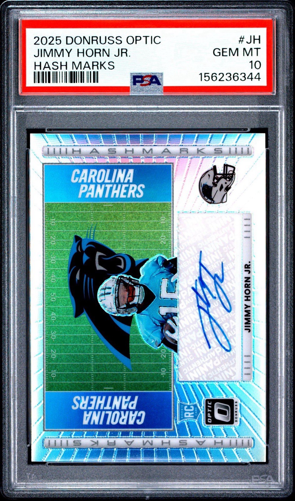 2025 Panini Donruss Optic Jimmy Horn Jr. Hash Marks Rookie Auto PSA 10