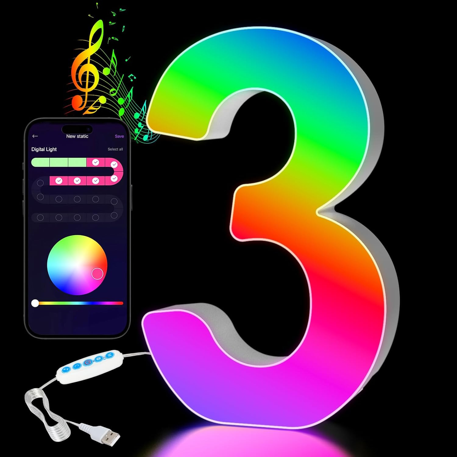 Insegne Luminose Numeri LED RGB USB - Arredo Minimal Controllo Smartphone