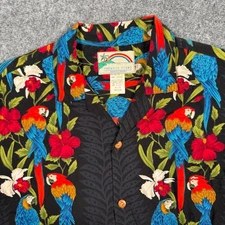 Paradise Found Shirt Medium Black Parrot Hawaiian Floral Rayon Aloha Men's