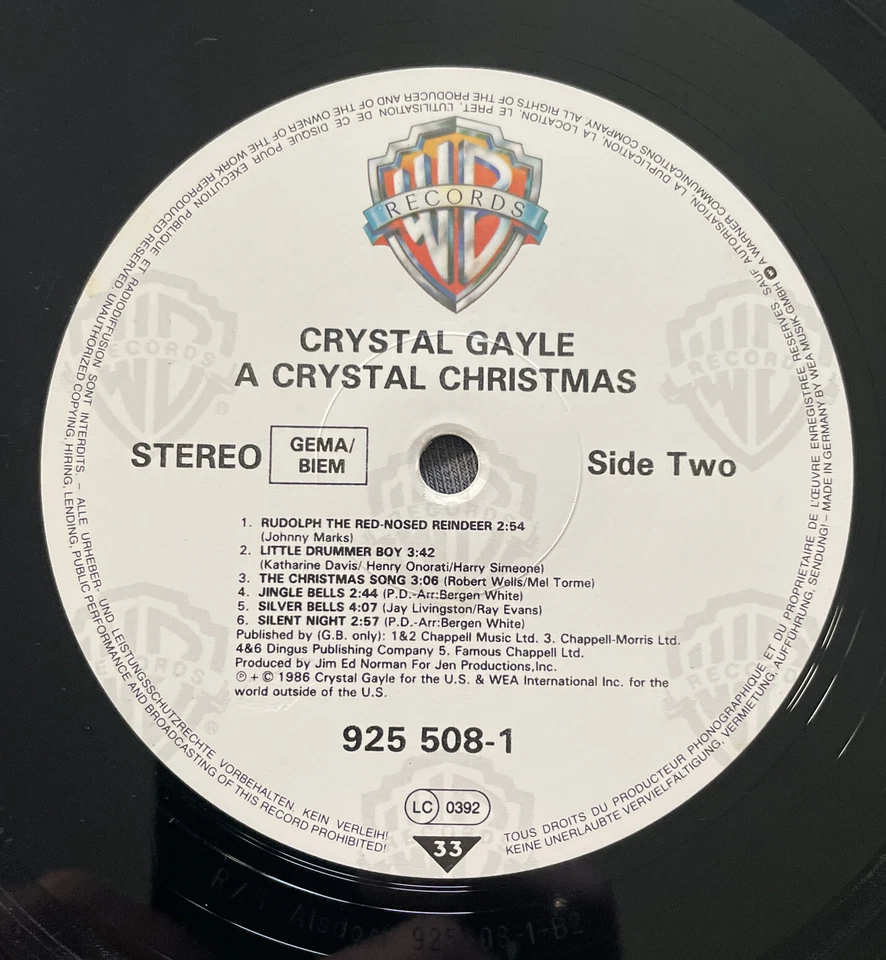 CRYSTAL GALE "A CRYSTAL CHRISTMAS " LP(1986) WARNER BROS 9255081 RECORD EX/NM - Image 4 of 4