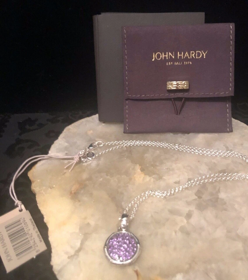 💕 Collar Colgante Redondo JOHN HARDY Diseño Bambú Esterlina Pavé Amatista Nuevo con Etiquetas Foto 2 de 4
