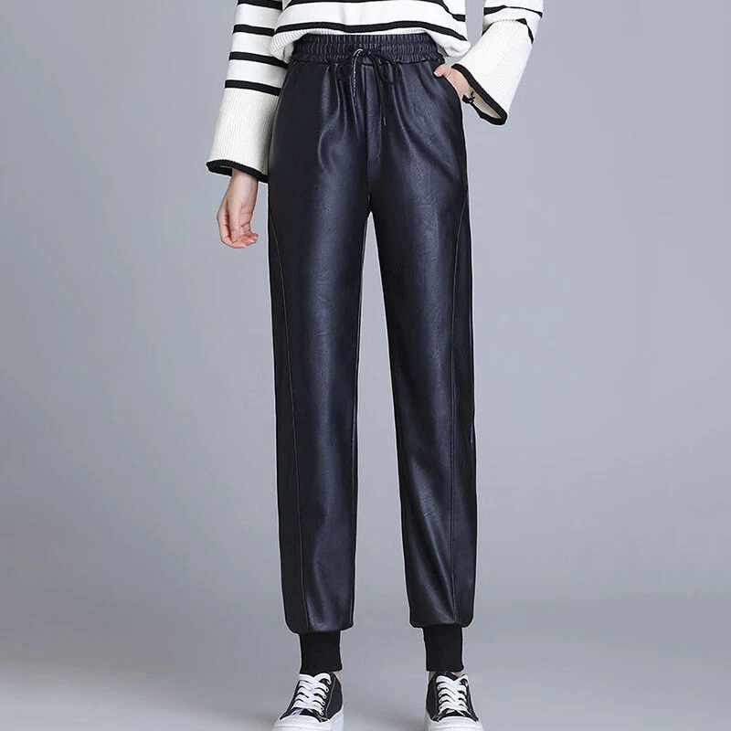 Femme Simili Cuir PU Pantalon Élastique Cordon Taille Poche Conique Souple - Photo 2/4