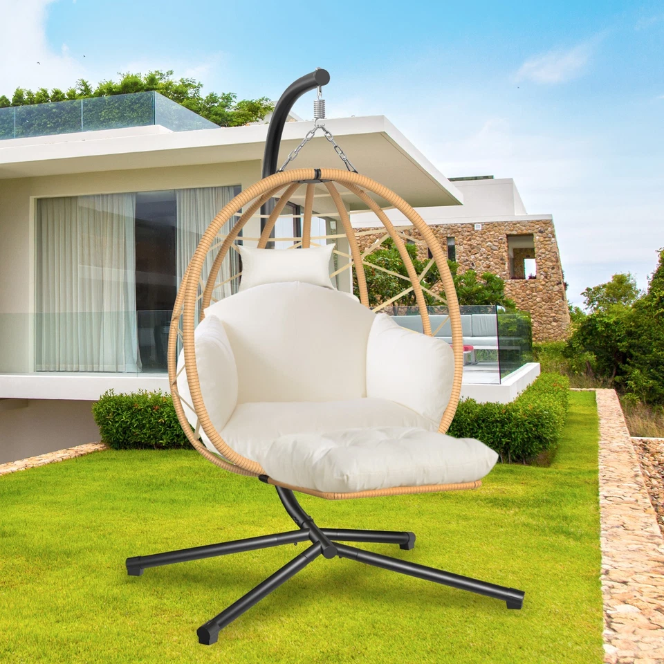 Hanging Egg Chair Outdoor Patio Wicker Chair with Stand UV Resistant Cushions - Image 2 of 4