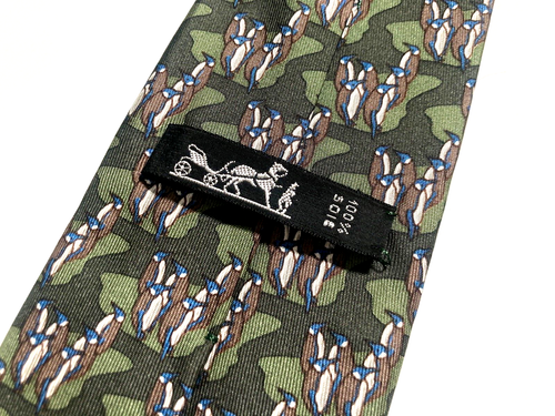 HERMES VINTAGE PENGUINS ON ICE BLOCK TIE ANTARCTICA POLE BIRD HIGH END GREEN - Picture 2 of 15
