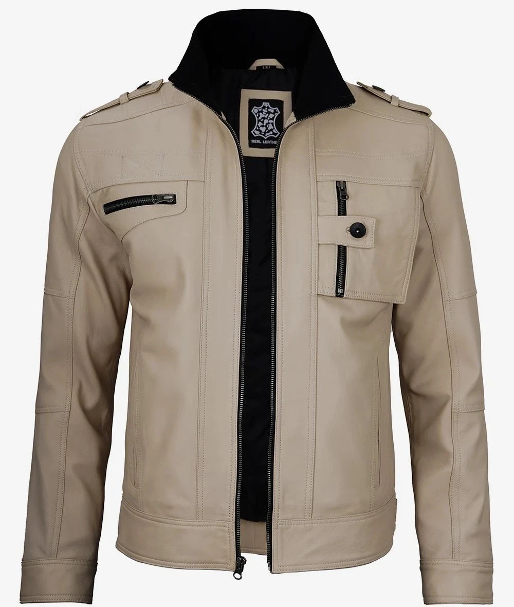 Men's New Stylish Moto Biker Race Bomber Genuine Sheepskin Beige Leather Jacket
