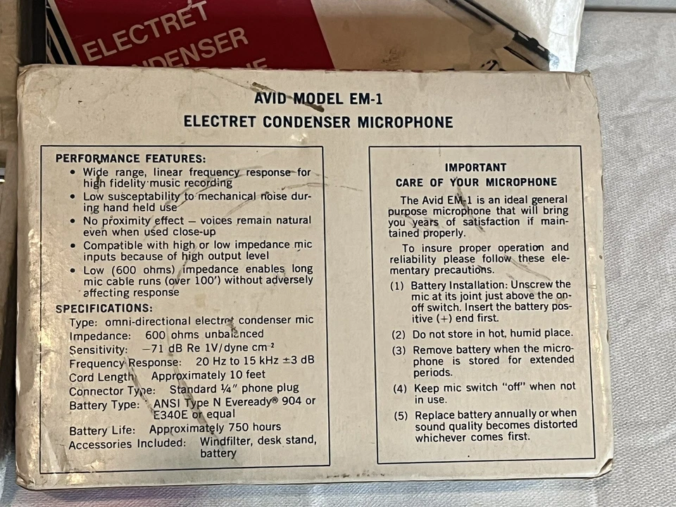 Vintage* Pair Of Avid Model EM-1 Electret Condenser Mics With Original Boxes - Image 4 of 4