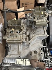 Offenhauser Cross Ram Intake Manifold 5893 Twin Holley Carbs 9776 Linkage