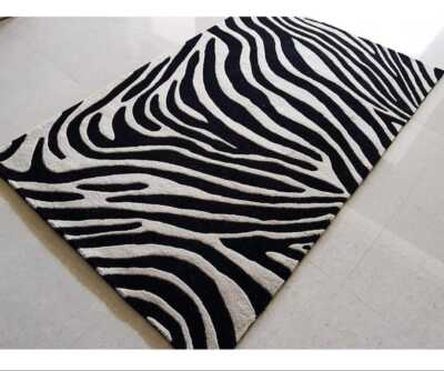 Zebra Print Hand Tufted Wool Rug Black White Modern Animal Area Carpet Living Ro