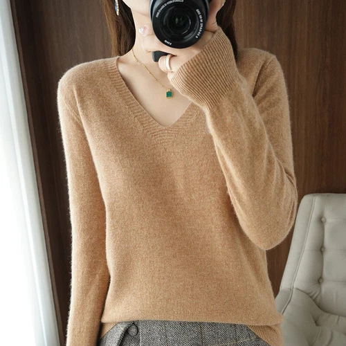 Autumn Winter Warm Cashmere Sweater Woman V-Neck Pullover Casual Knitted Tops - Bild 11 von 19