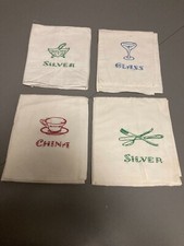 Vintage Kitchen Towels Set 4 Cotton Hand Stitched Embroidered Tea Towels White