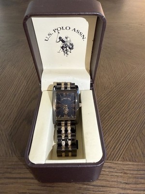 U.S. POLO ASSN. Men s Rectangular Black Dial Two-Tone Bracelet Watch