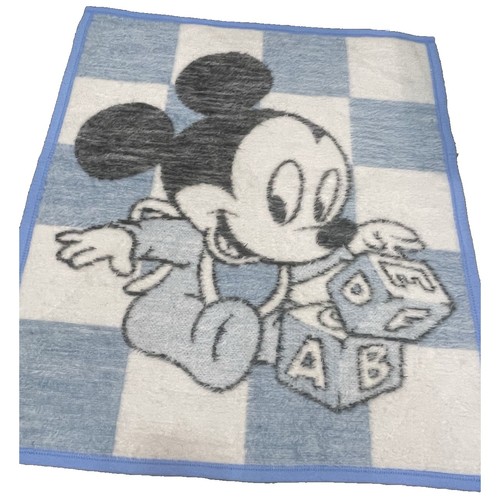 Vtg Biederlack Baby Blanket Mickey Mouse Blue Fleece Plush Security Lovey