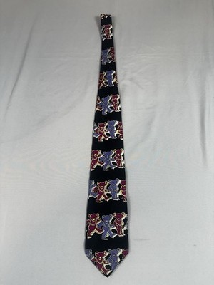 Grateful Dead Tie,Dancing Bears First Set, Black Floral With Colored Bears, Silk